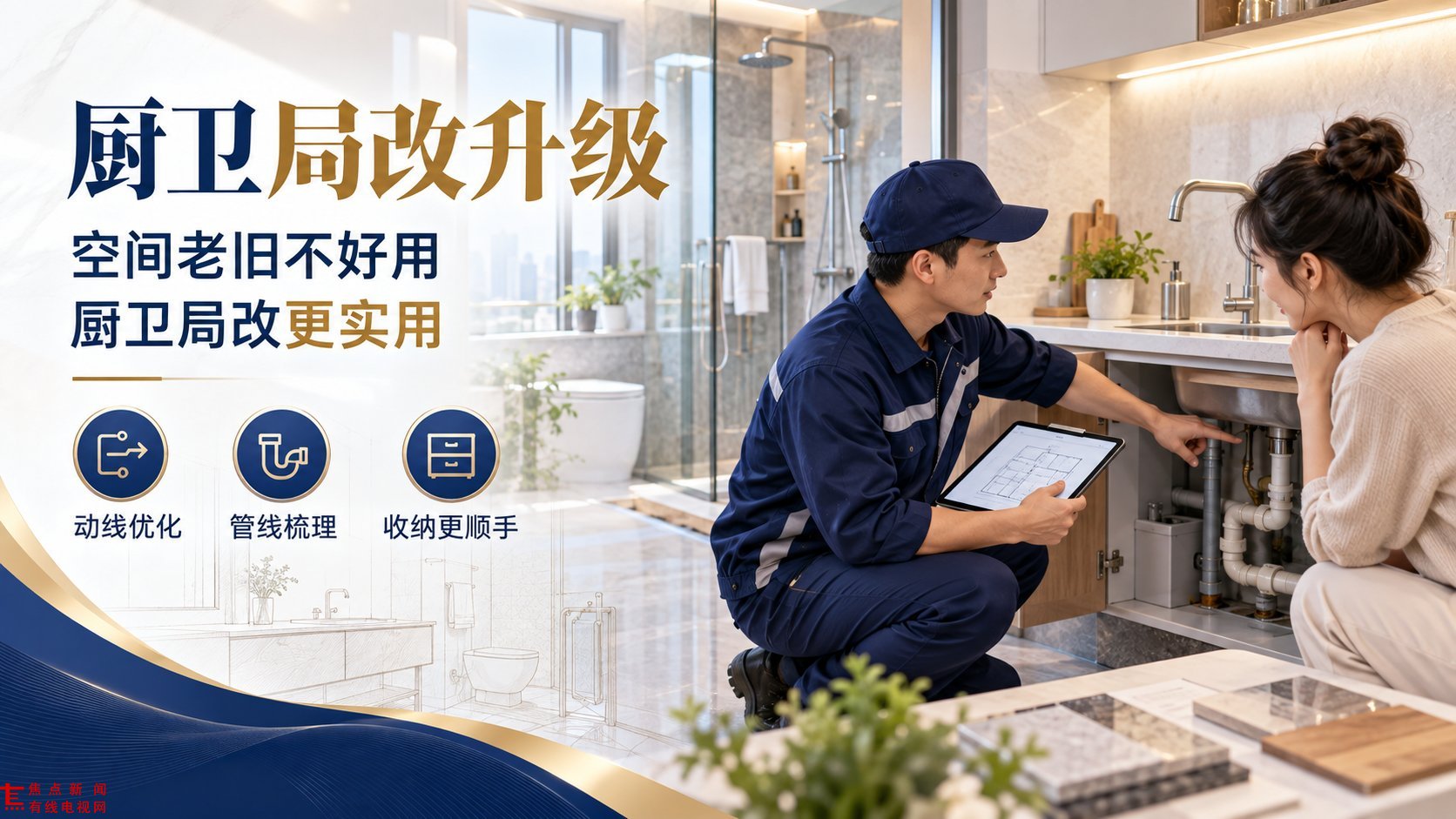现代厨卫空间内,身穿蓝色工装的装修师傅正蹲在水槽旁,手持平板电脑向业主讲解局改方案,手指指向下方排水管道。左侧醒目展示“厨卫局改升级”标题,强调解决空间老旧痛点