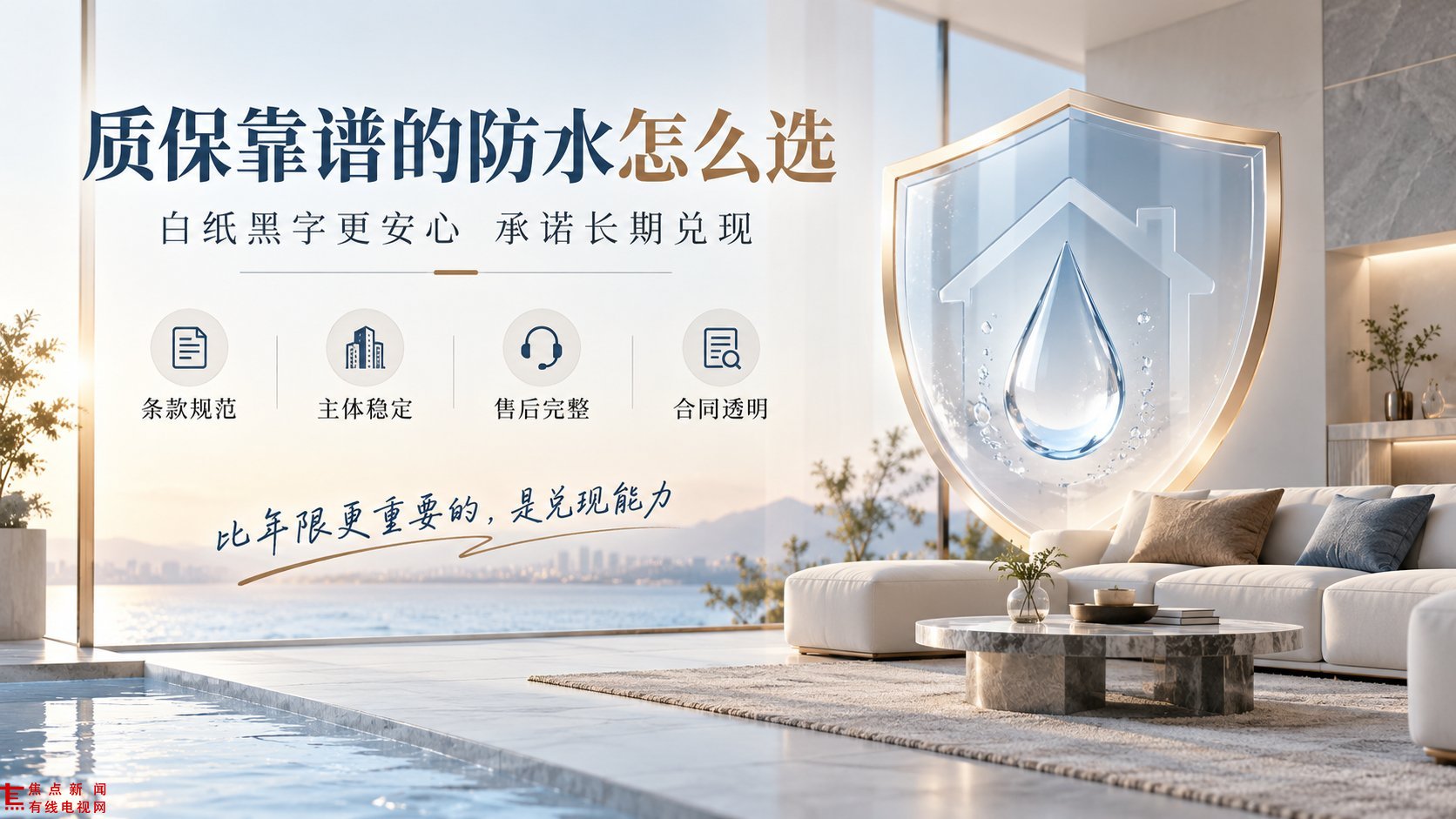 现代简约风格的客厅背景下，展示防水服务选择指南。画面右侧巨大的透明盾牌包裹着房屋与水珠，象征强力防护。左侧醒目大标题“质保靠谱的防水怎么选”，并列展示“条款规范