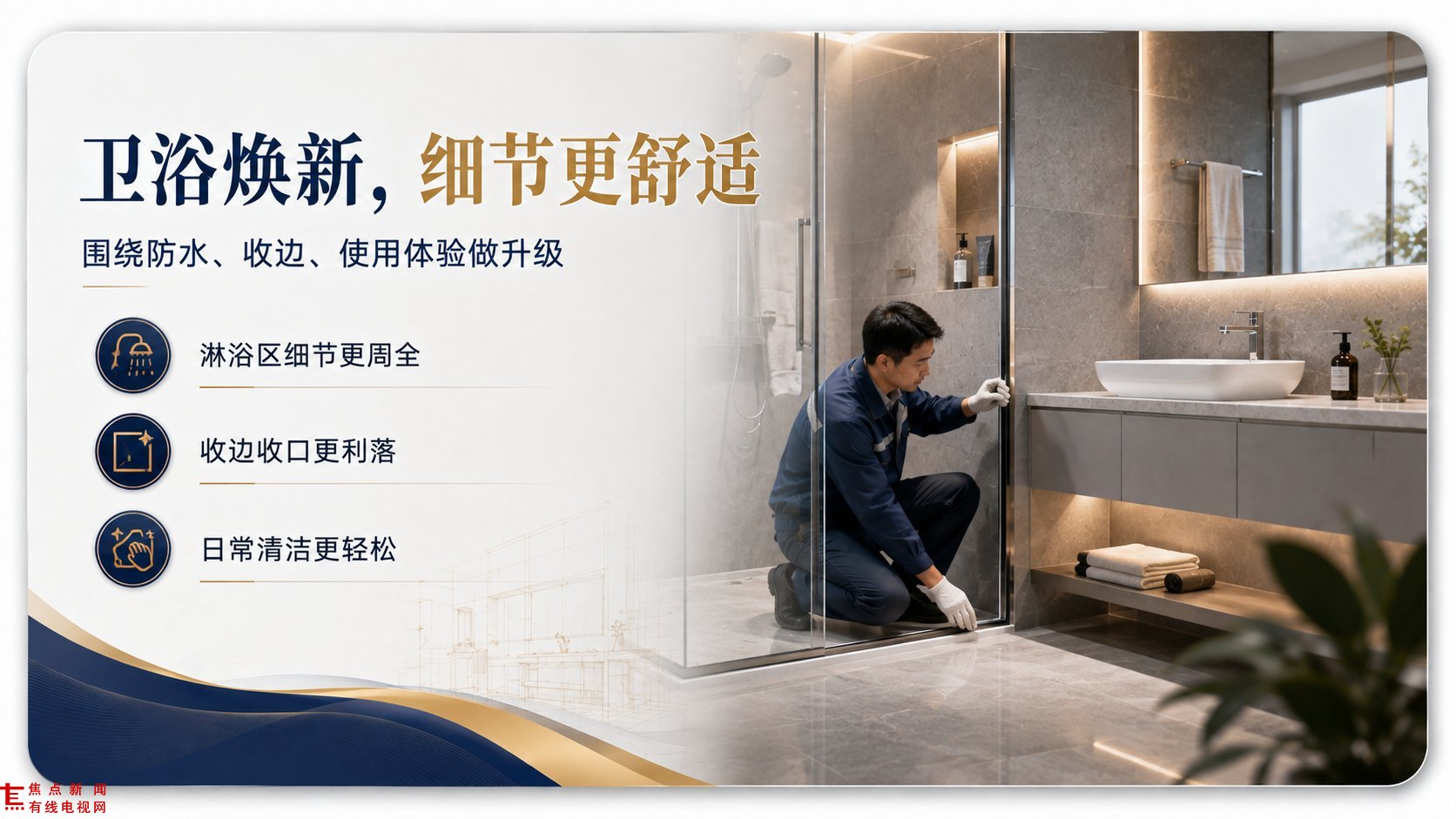 现代简约风格浴室场景，身穿蓝色工装的工人正蹲地精细安装淋浴房玻璃隔断，展现专业施工细节。画面左侧突出“卫浴焕新，细节更舒适”主题，强调围绕防水、收边及使用体验全