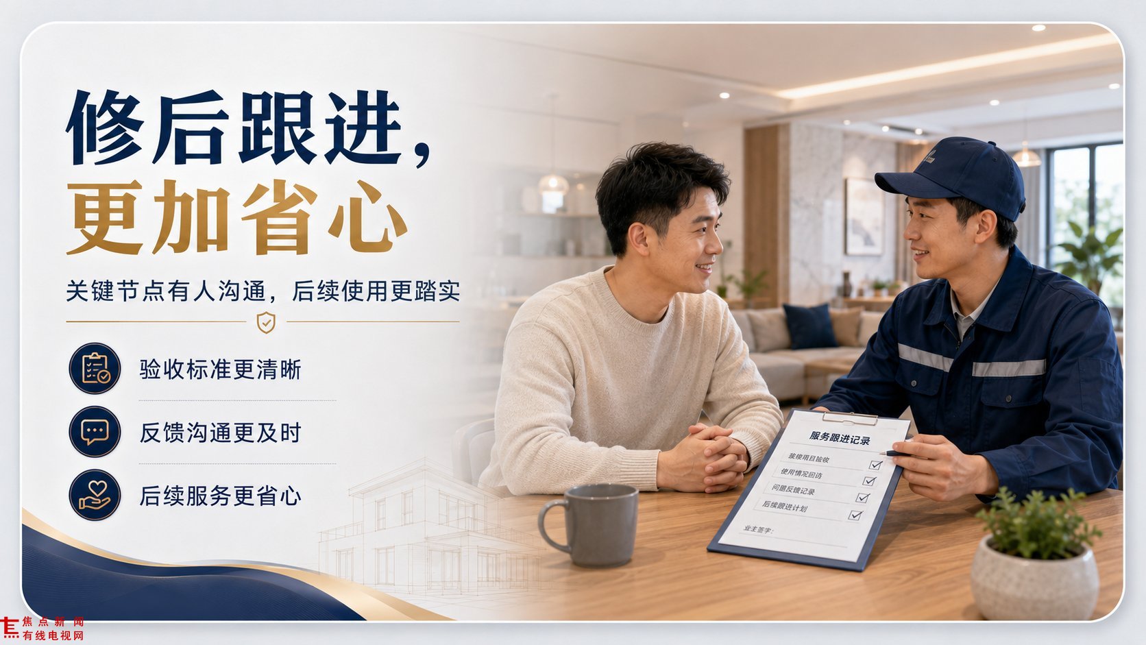 在现代明亮的居家客厅场景中，一位身穿米色毛衣的业主与身着深蓝色工装的装修师傅正坐在木质桌前进行面对面沟通。师傅手持写有“服务跟进记录”的写字板，详细讲解验收标准