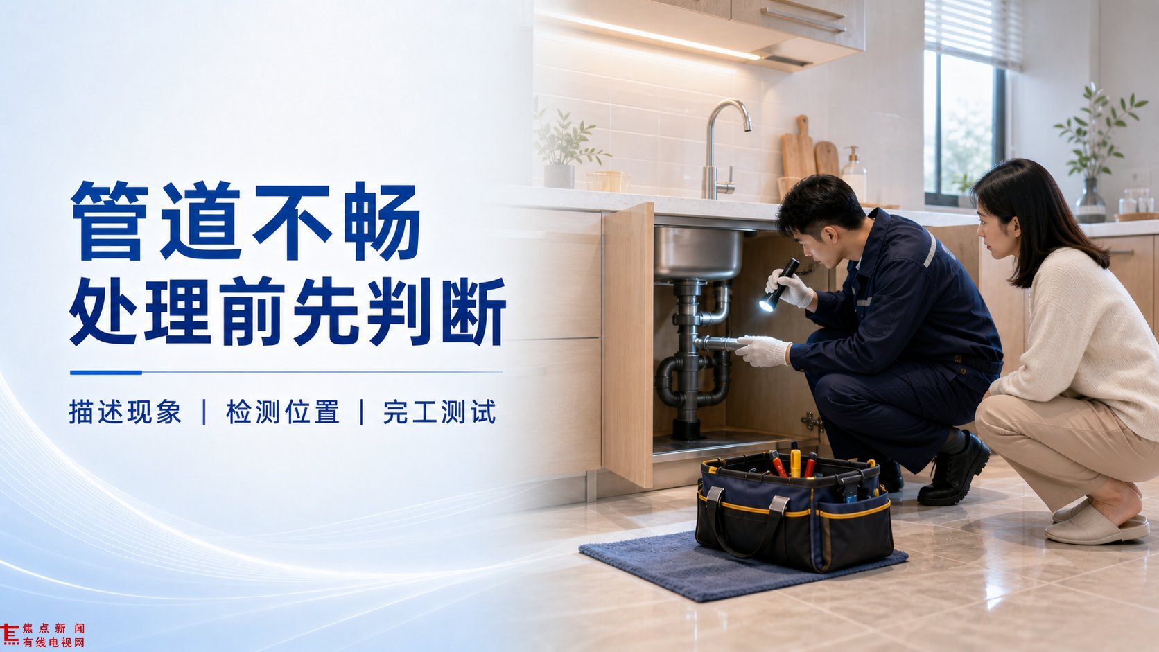 现代厨房场景中,身穿蓝色工装的维修师傅正蹲在水槽柜前,手持手电筒仔细检查下水管道连接处,旁边业主蹲地观看。地面放置着装有各类工具的黑色工具包。画面左侧醒目展示“